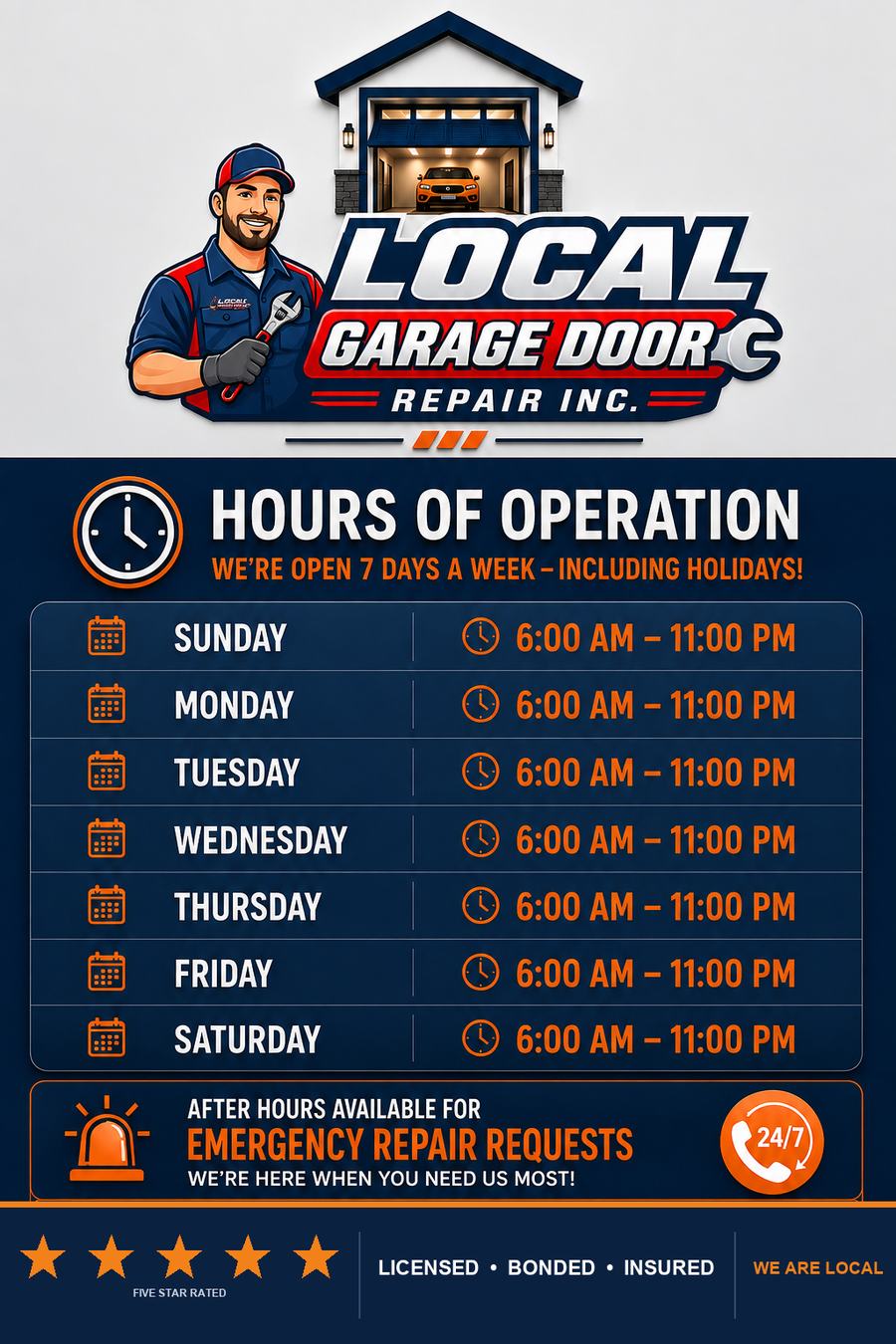 When we are open, including after-hours emergency call-outs - Local Garage Door Repair Inc, West Hollywood
