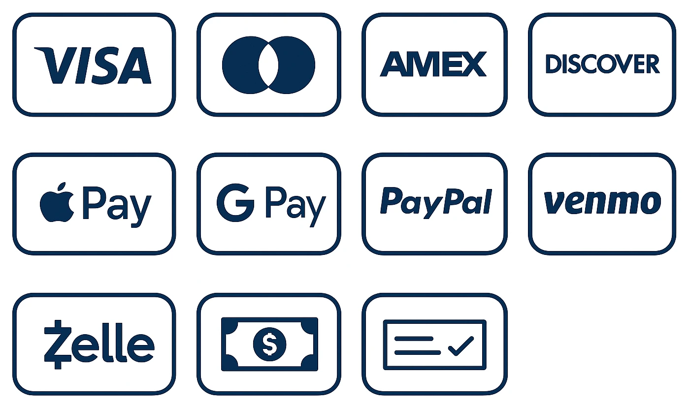 We accept Visa, Mastercard, American Express, Discover, Apple Pay, Google Pay, PayPal, Venmo, Zelle, cash, and check